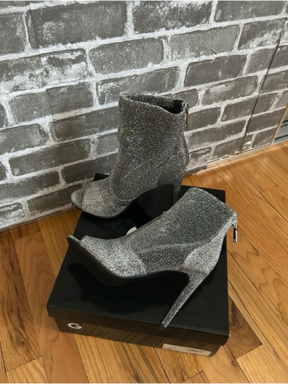 G by Guess Silver Glitter Pointed Stiletto Ankle Boots